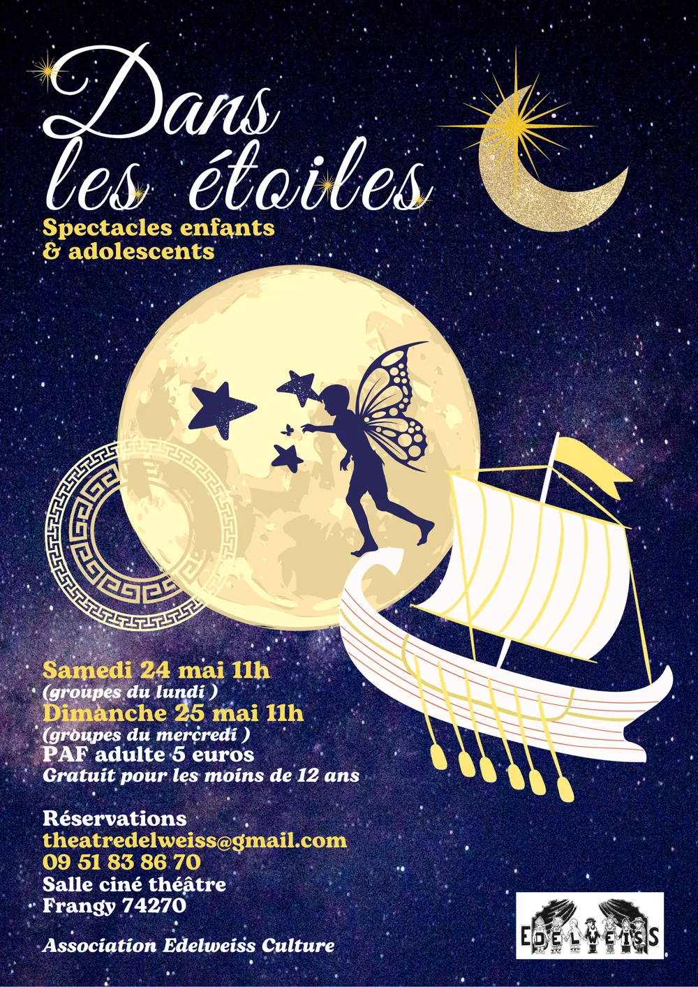 Affiche « Dans les étoiles », spectacles enfants et adolescents, 24 et 25 mai, lune et bateau sur ciel étoilé