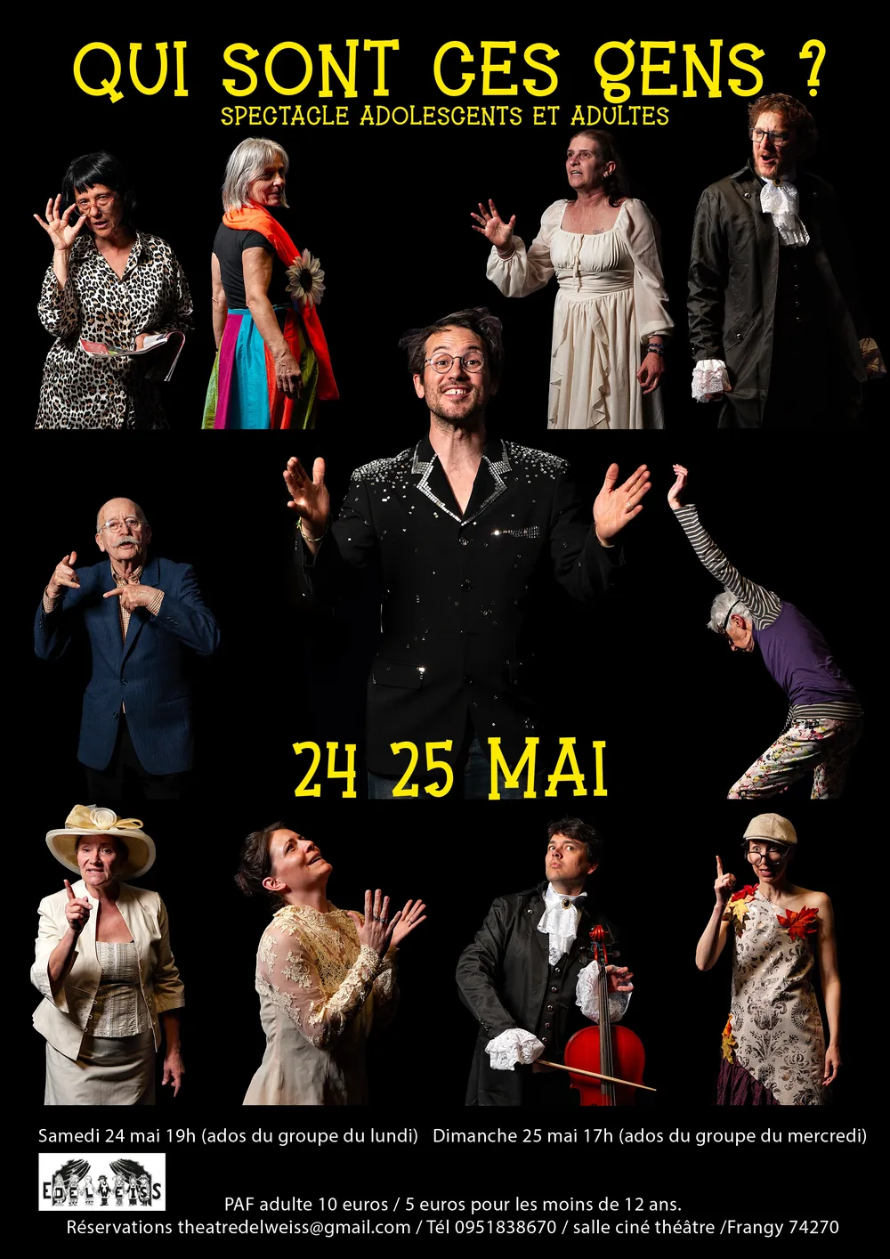 Affiche « Qui sont ces gens ? », spectacle adolescents et adultes, 24 et 25 mai, comédiens costumés sur fond noir